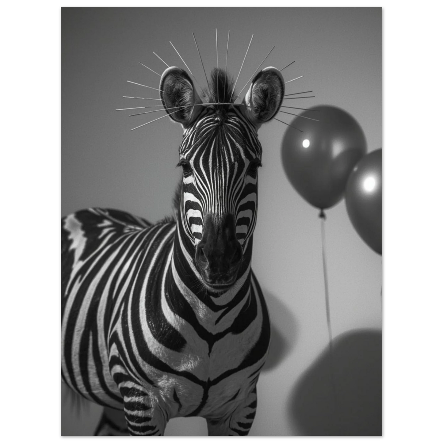 Zebra i svartvitt med gloria och rosa ballonger, kreativ väggkonst