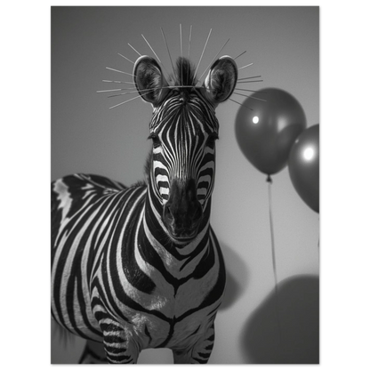 Zebra i svartvitt med gloria och rosa ballonger, kreativ väggkonst