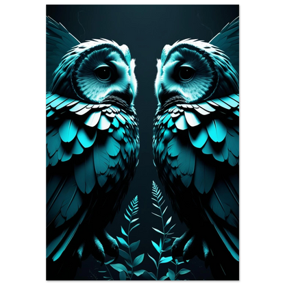 Symmetrisk digital illustration av två ugglor i turkosblått mot svart bakgrund