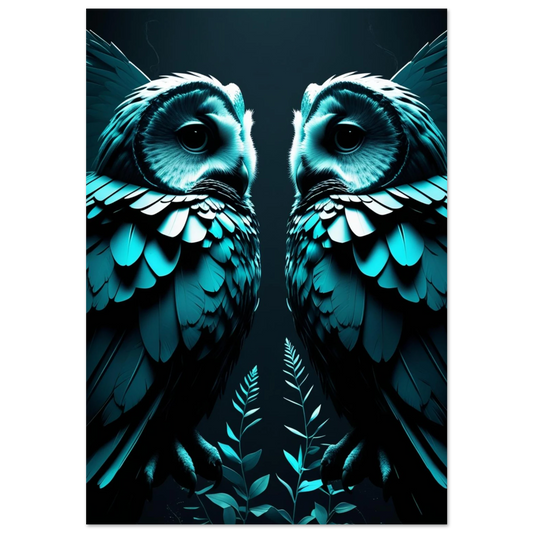 Symmetrisk digital illustration av två ugglor i turkosblått mot svart bakgrund