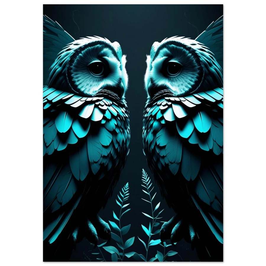 Symmetrisk digital illustration av två ugglor i turkosblått mot svart bakgrund