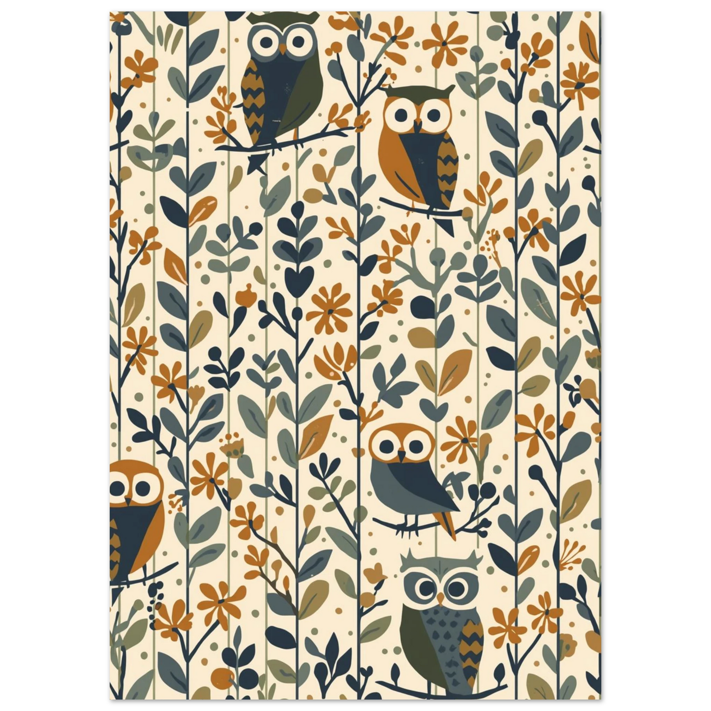 Sömlöst uggle-mönster med stiliserade blommor i jordnära toner, grafiskt tryck