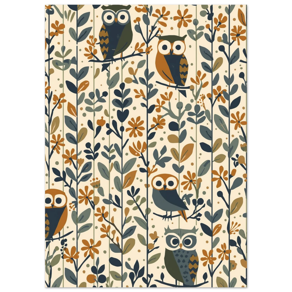 Sömlöst uggle-mönster med stiliserade blommor i jordnära toner, grafiskt tryck