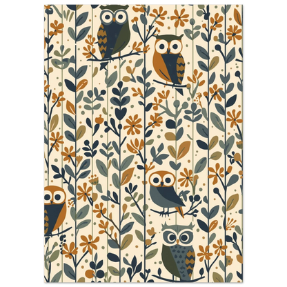 Sömlöst uggle-mönster med stiliserade blommor i jordnära toner, grafiskt tryck