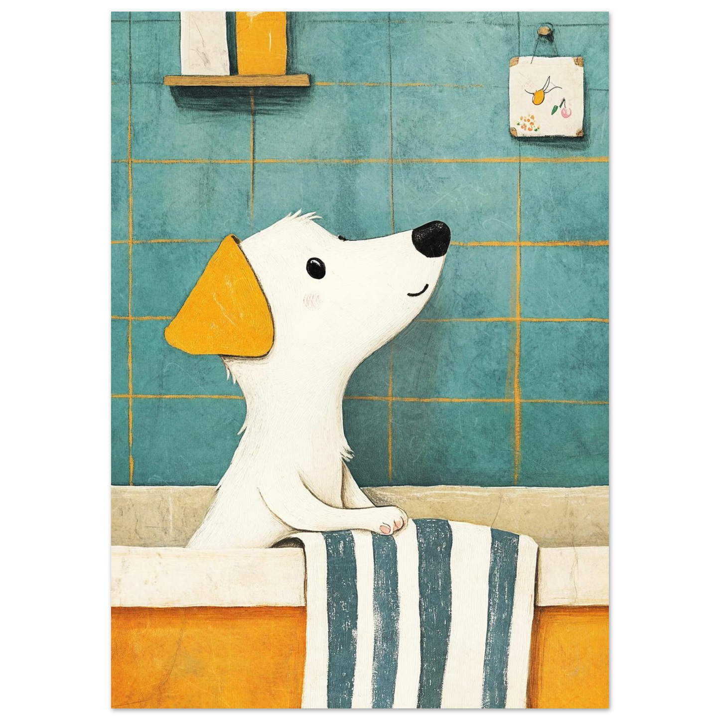Illustration av badande hund i badrum med blått kakel och randig handduk