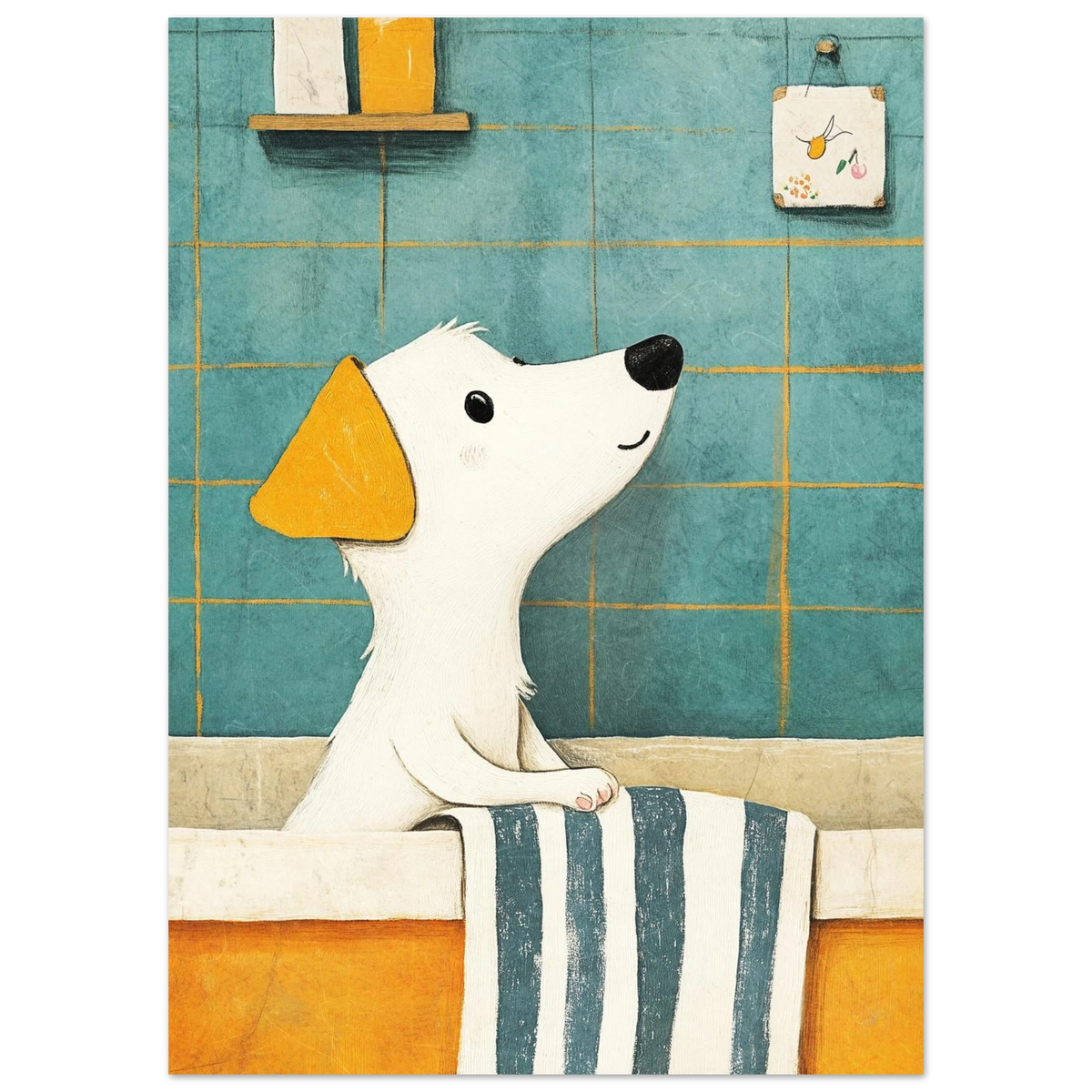 Illustration av badande hund i badrum med blått kakel och randig handduk
