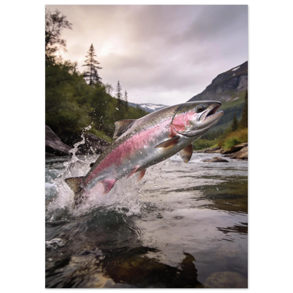 Närbild på lax i språng mot en bakgrund av berg – naturmotiv