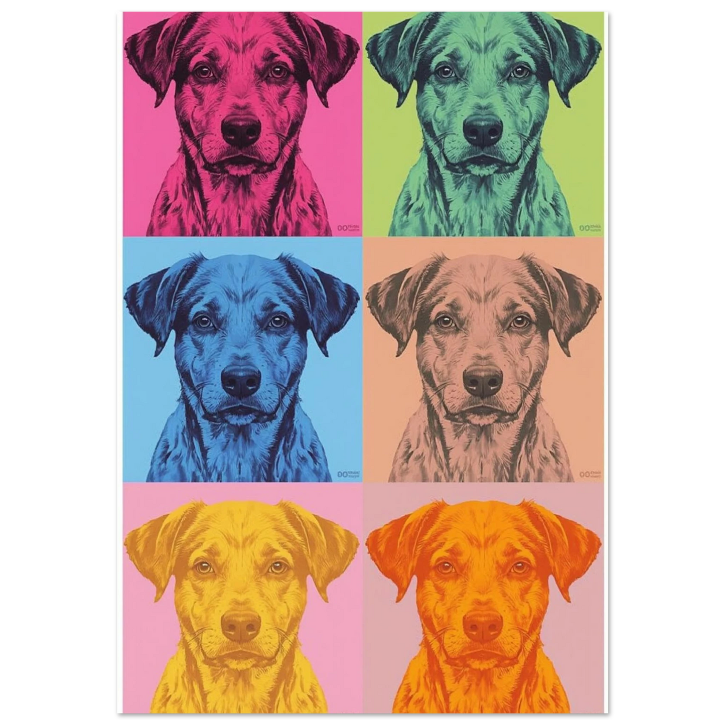 Pop art hundposter med sex färgstarka rutor i neonrosa och grönt
