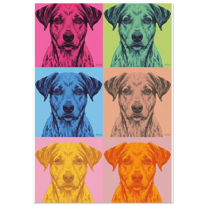 Pop art hundposter med sex färgstarka rutor i neonrosa och grönt