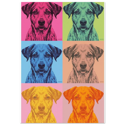 Pop art hundposter med sex färgstarka rutor i neonrosa och grönt