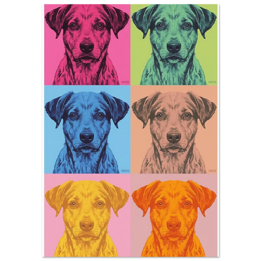 Pop art hundposter med sex färgstarka rutor i neonrosa och grönt