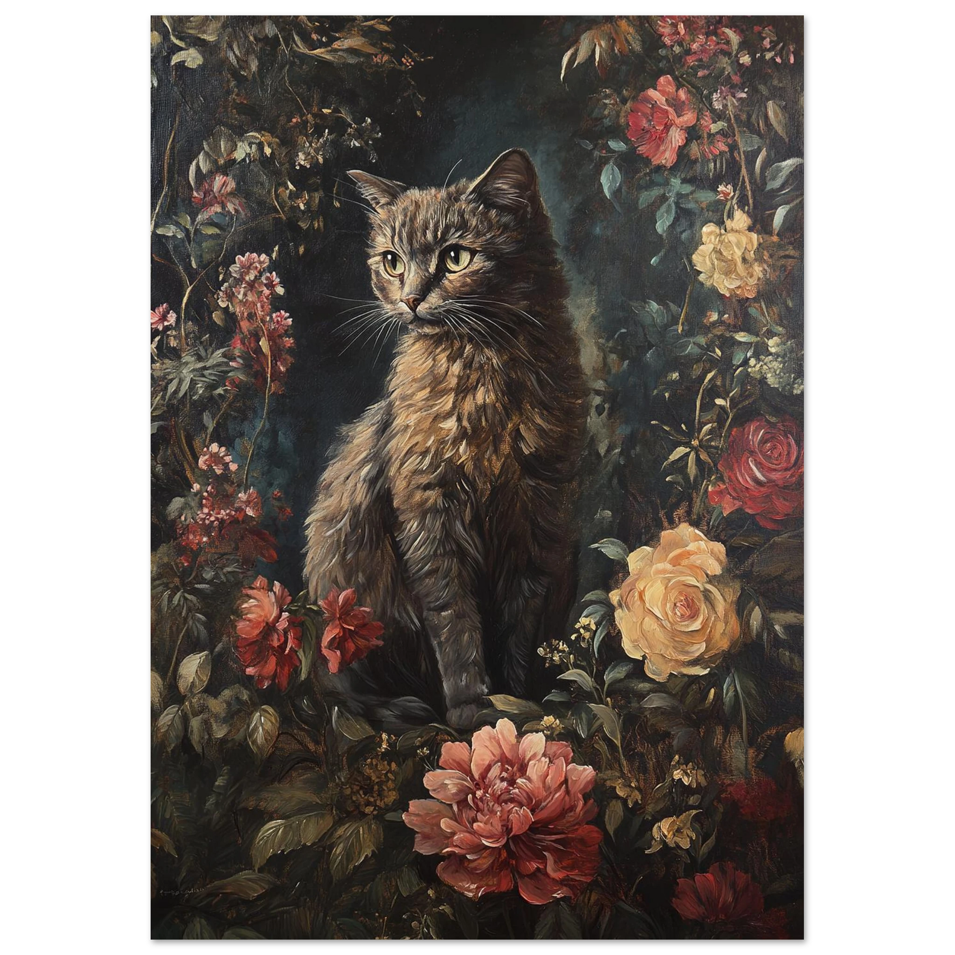 Konstnärligt djurmotiv föreställande en vaksam katt bland färgstarka blommor
