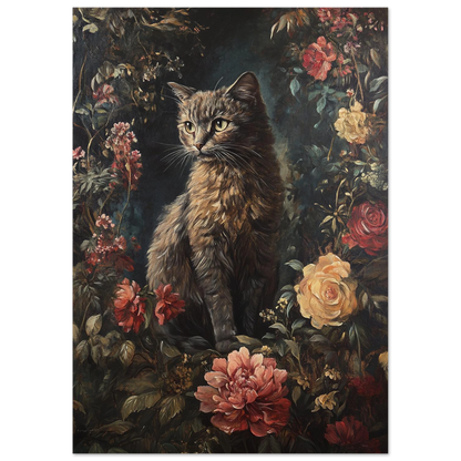 Konstnärligt djurmotiv föreställande en vaksam katt bland färgstarka blommor