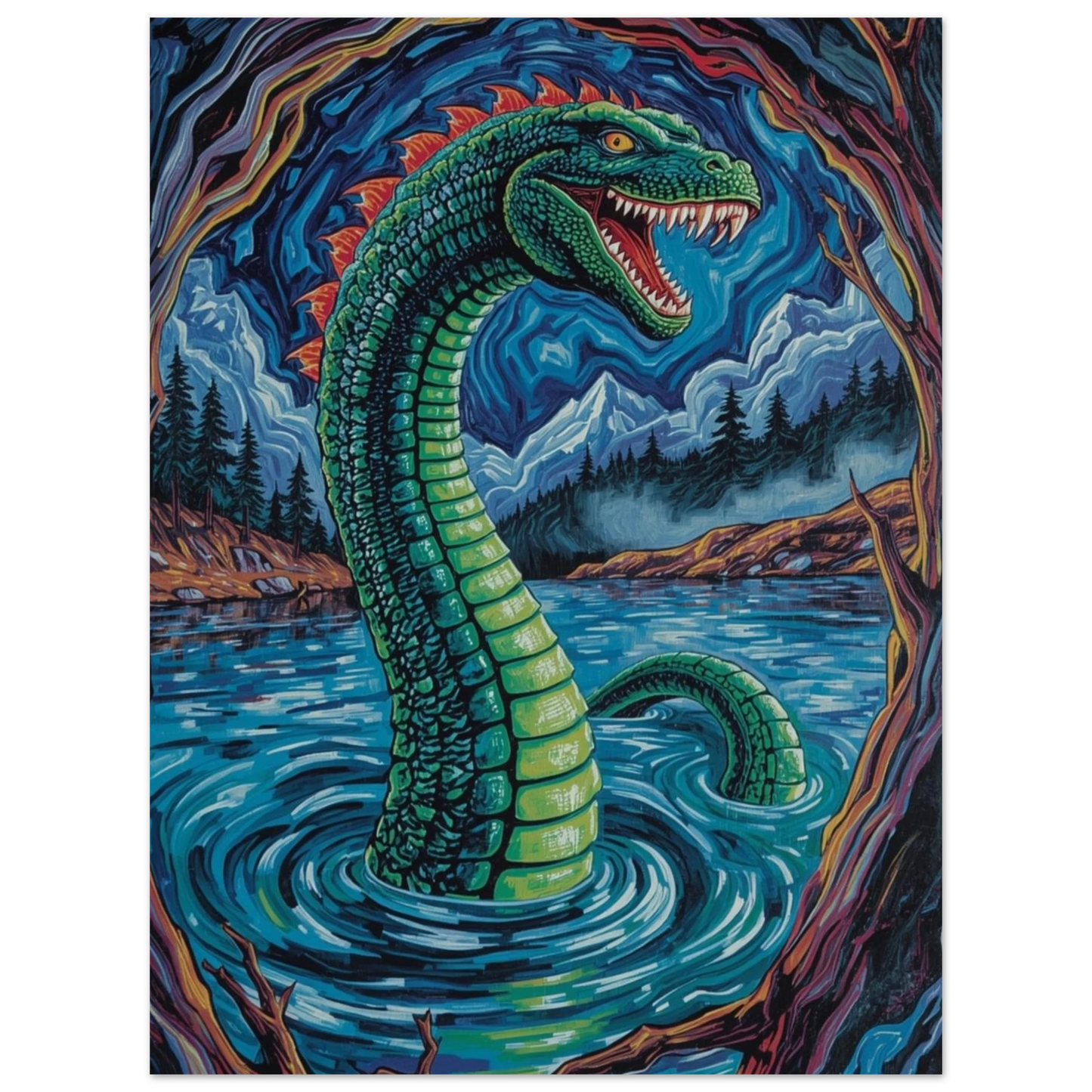 Nessie reser sig ur virvlande blått vatten – poster i modern fantasy-stil