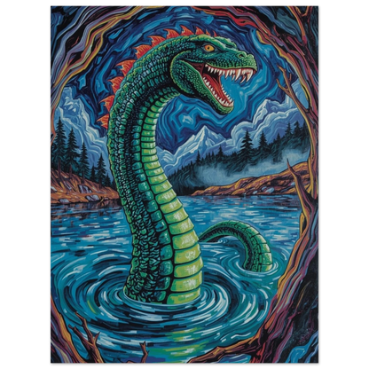 Nessie reser sig ur virvlande blått vatten – poster i modern fantasy-stil