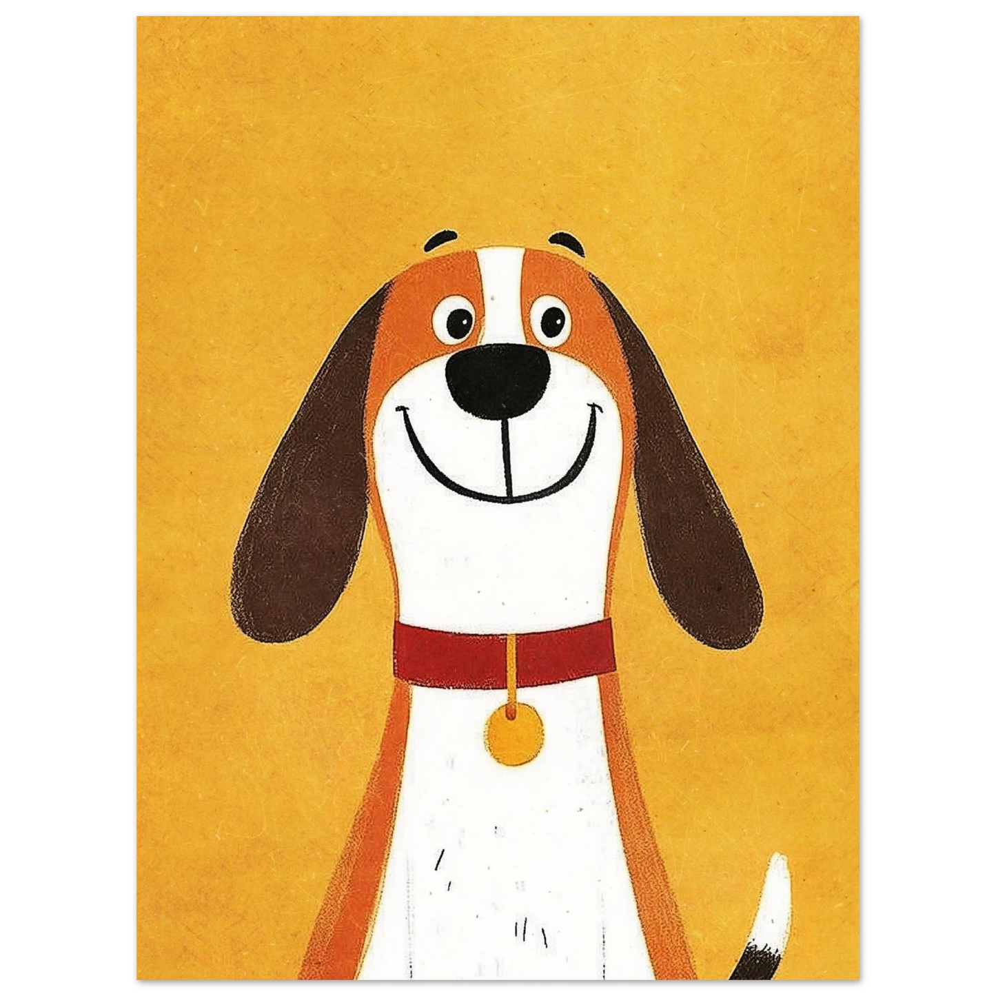 Stiliserad hund med brett leende och rött halsband, gul djurposter