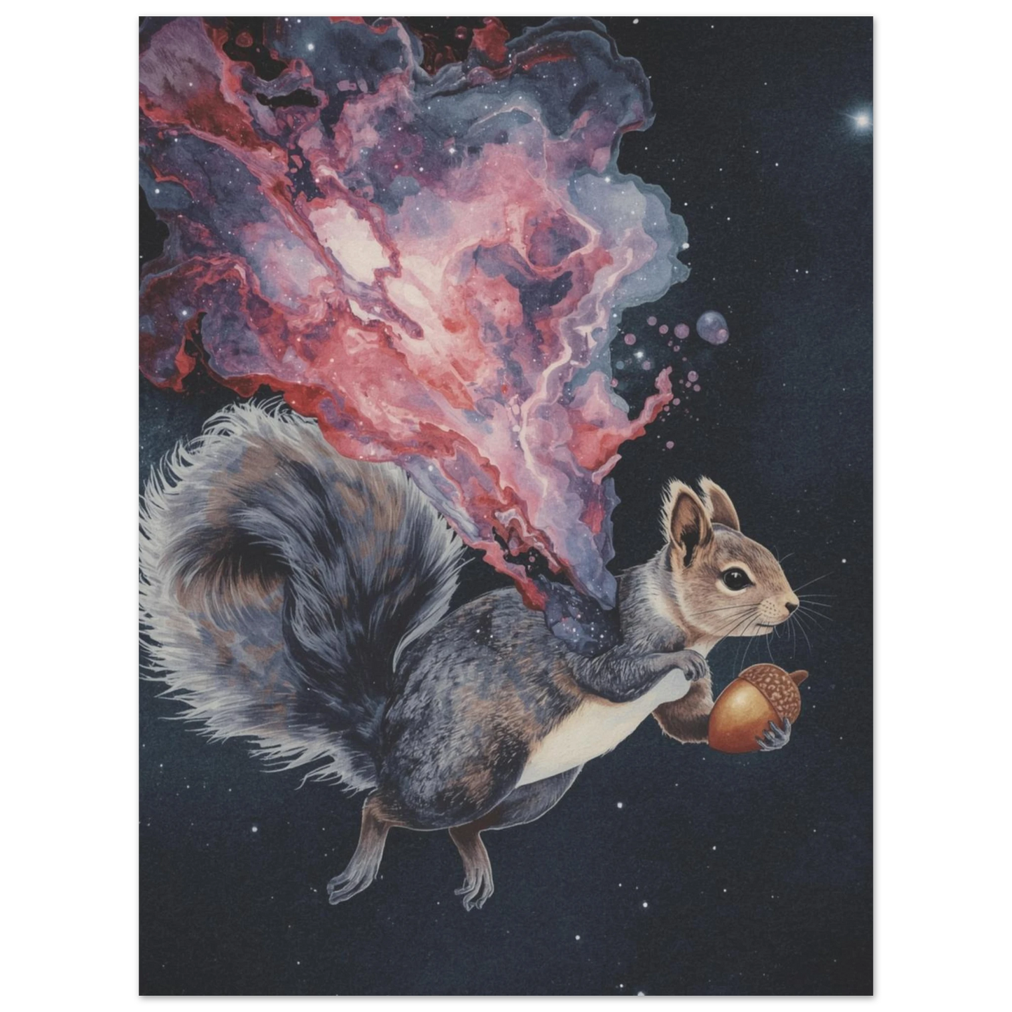 Surrealistisk illustration av en ekorre som flyger genom universum