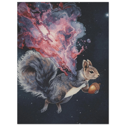 Surrealistisk illustration av en ekorre som flyger genom universum