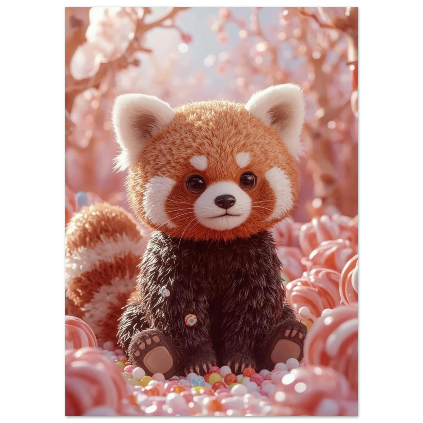 Närbild på röd panda i en drömlik värld av godis