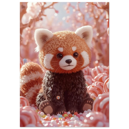 Närbild på röd panda i en drömlik värld av godis