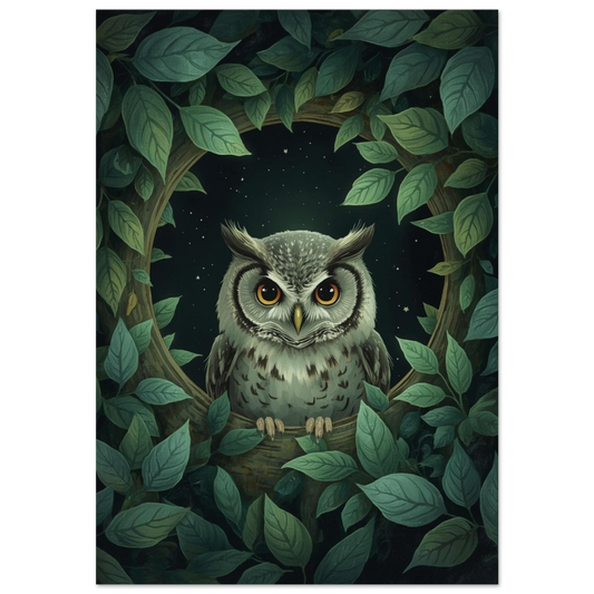 Uggla med gyllene ögon i ett runt trädhål – mörkgrön djurposter
