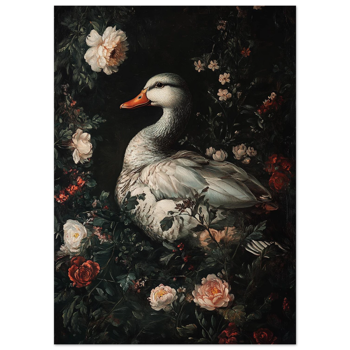 Klassiskt djurmotiv med anka i blomsterprakt, dramatiskt ljus och mörk bakgrund