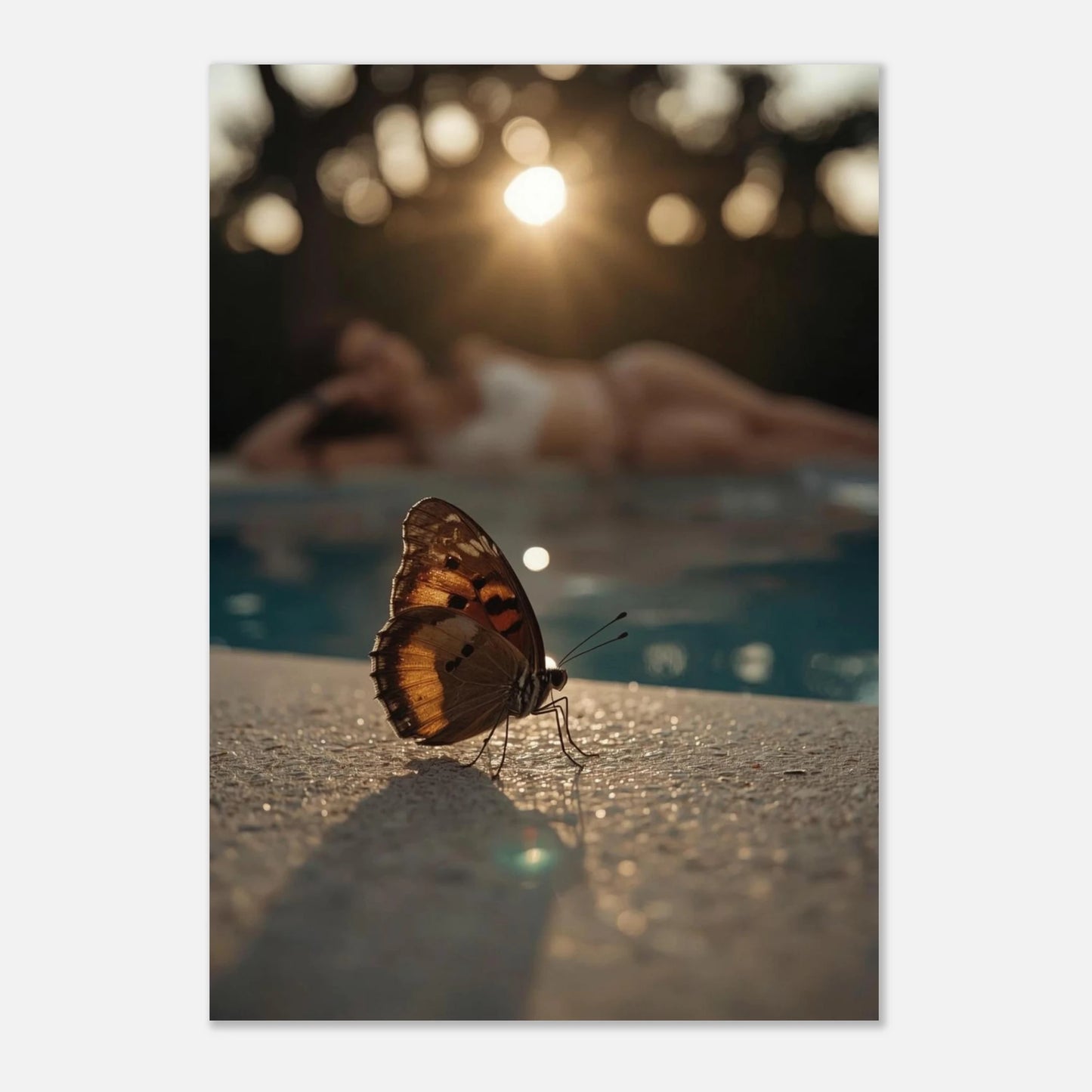 Harmonisk djurposter föreställande en fjäril vid en pool i sommarkvällen