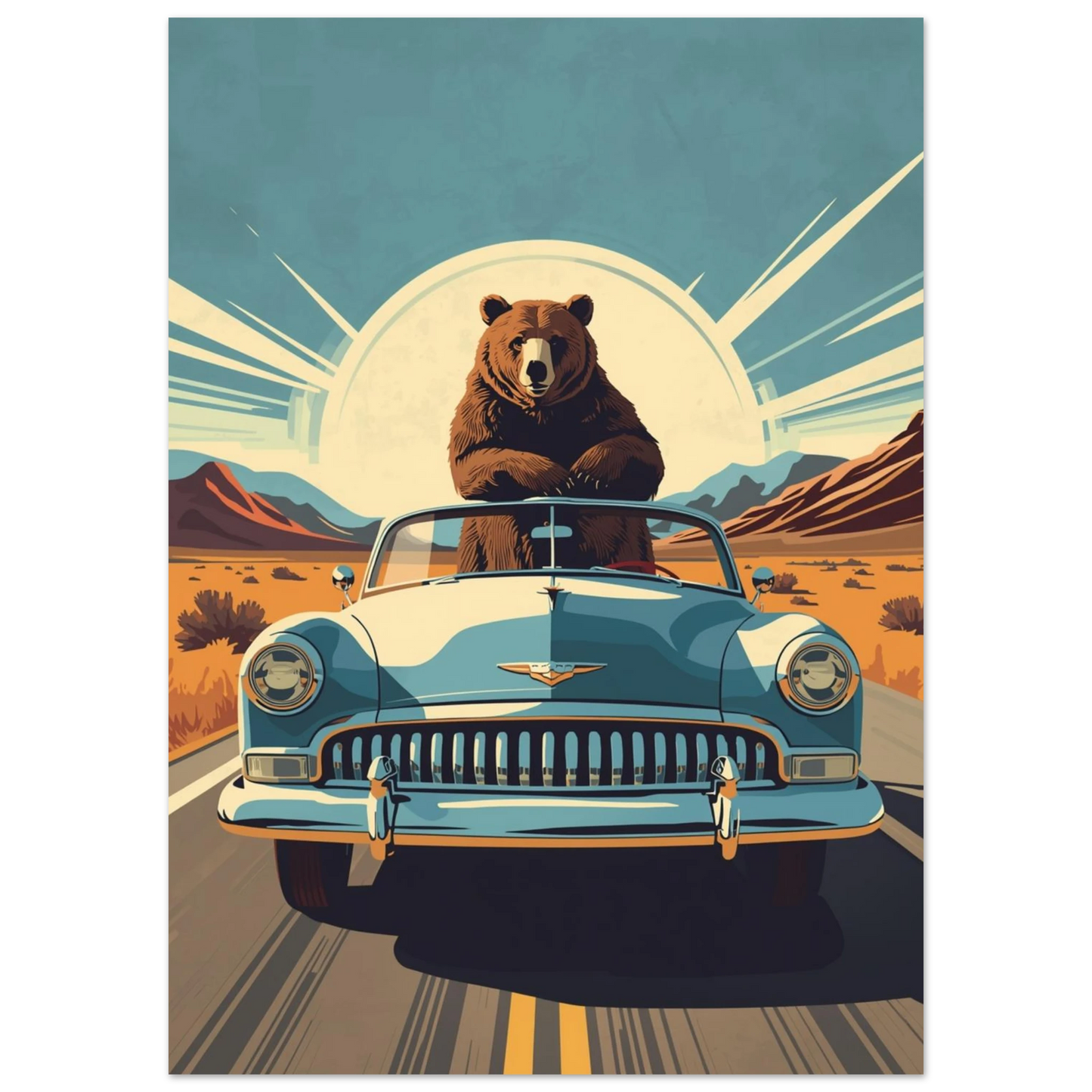Illustration av björn som kör cabriolet i soligt ökenlandskap