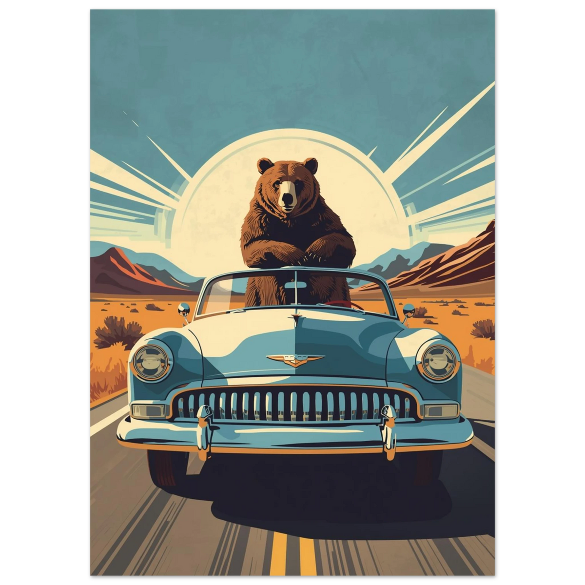 Illustration av björn som kör cabriolet i soligt ökenlandskap