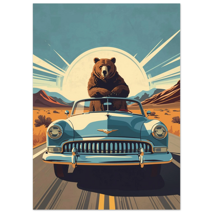 Illustration av björn som kör cabriolet i soligt ökenlandskap