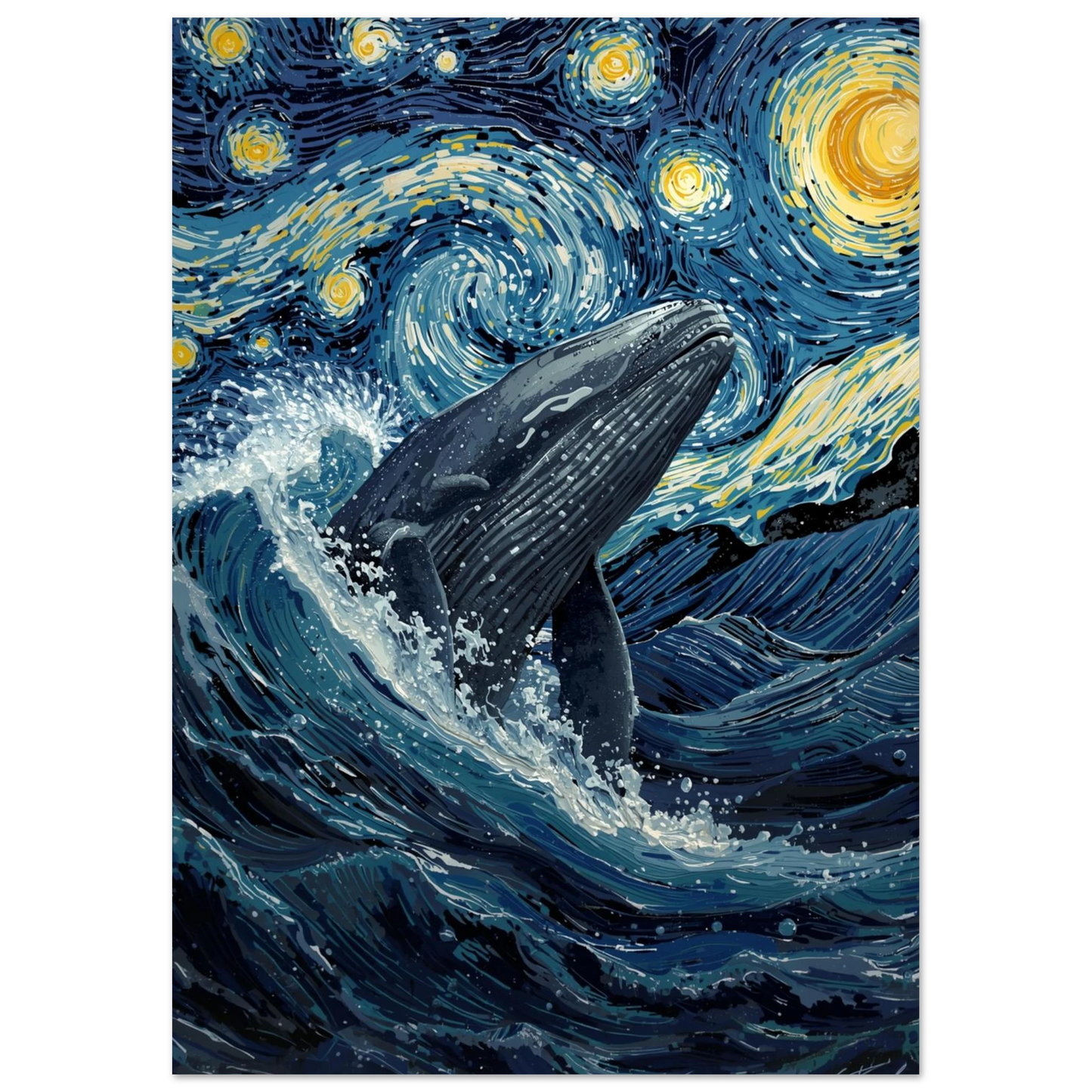 Konstnärligt djurmotiv med val och gul måne i Van Gogh-stil