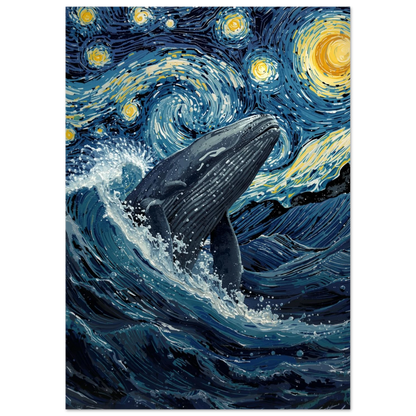 Konstnärligt djurmotiv med val och gul måne i Van Gogh-stil