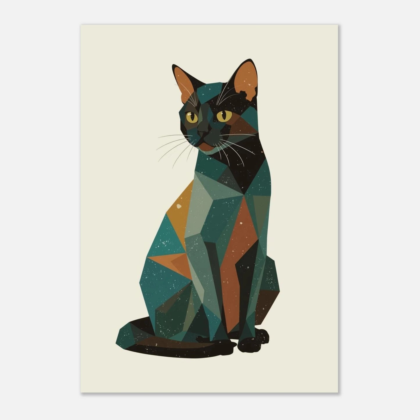 Modern väggkonst med en geometrisk katt mot beige bakgrund