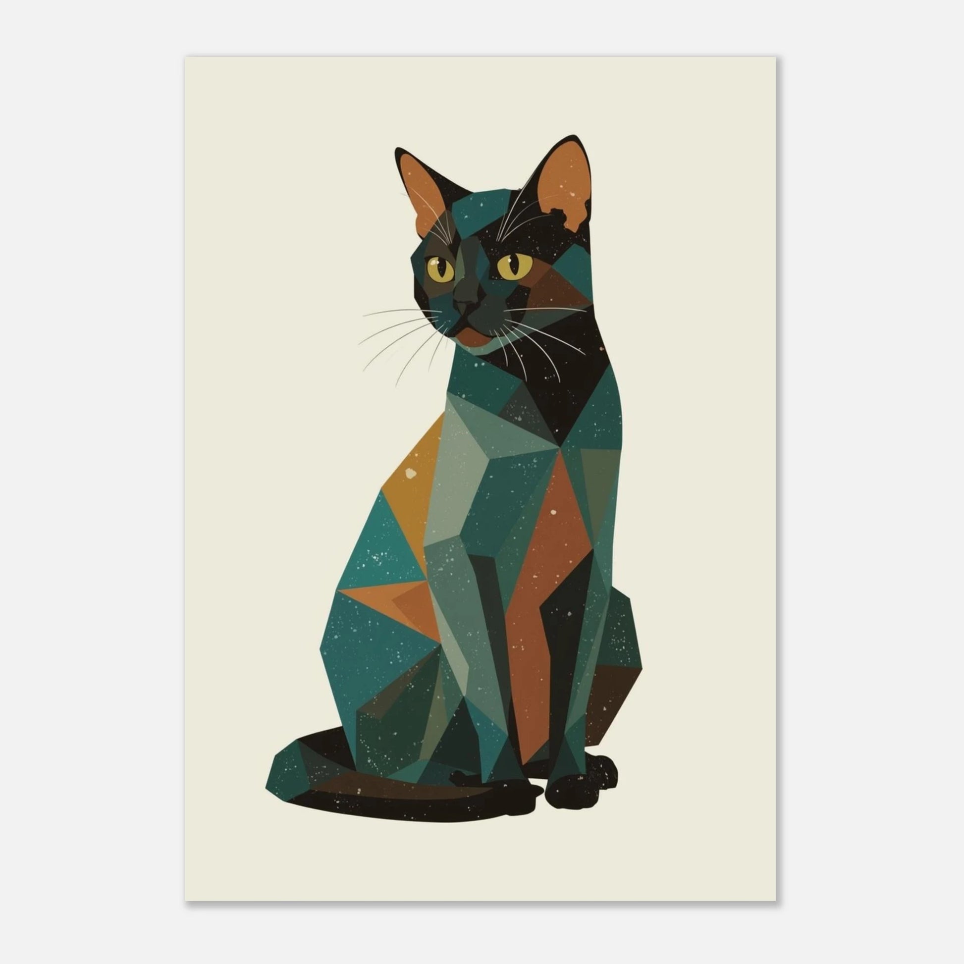 Modern väggkonst med en geometrisk katt mot beige bakgrund