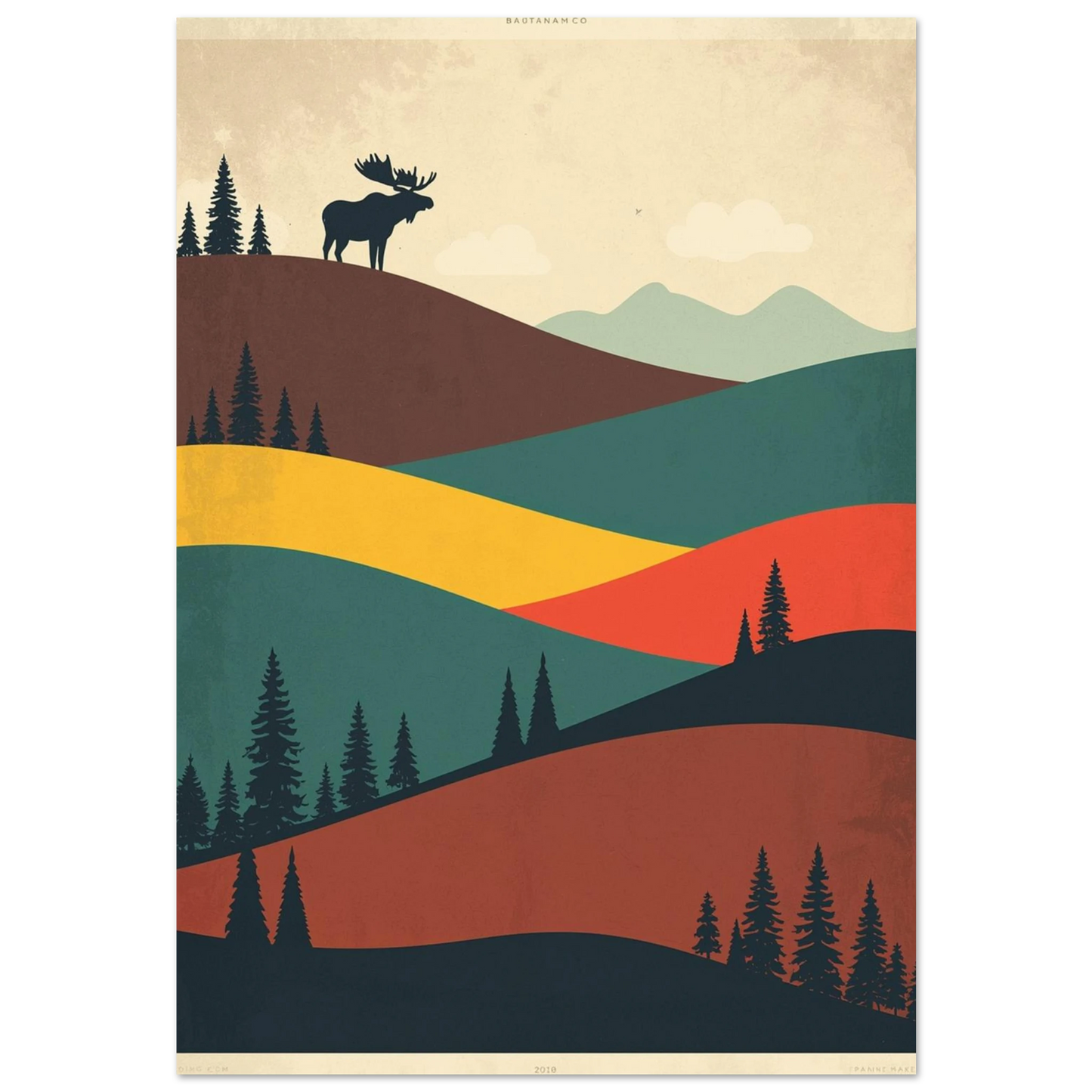 Svart älg silhuett på kulle i retro landskap – grafisk poster