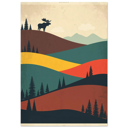 Svart älg silhuett på kulle i retro landskap – grafisk poster