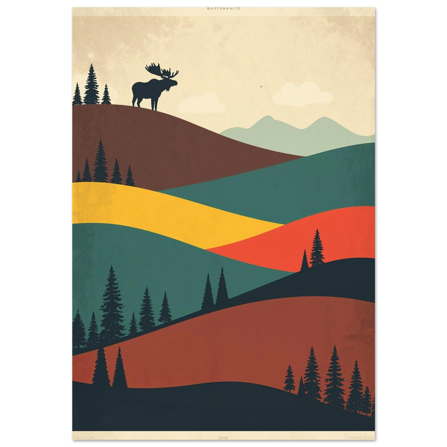 Svart älg silhuett på kulle i retro landskap – grafisk poster