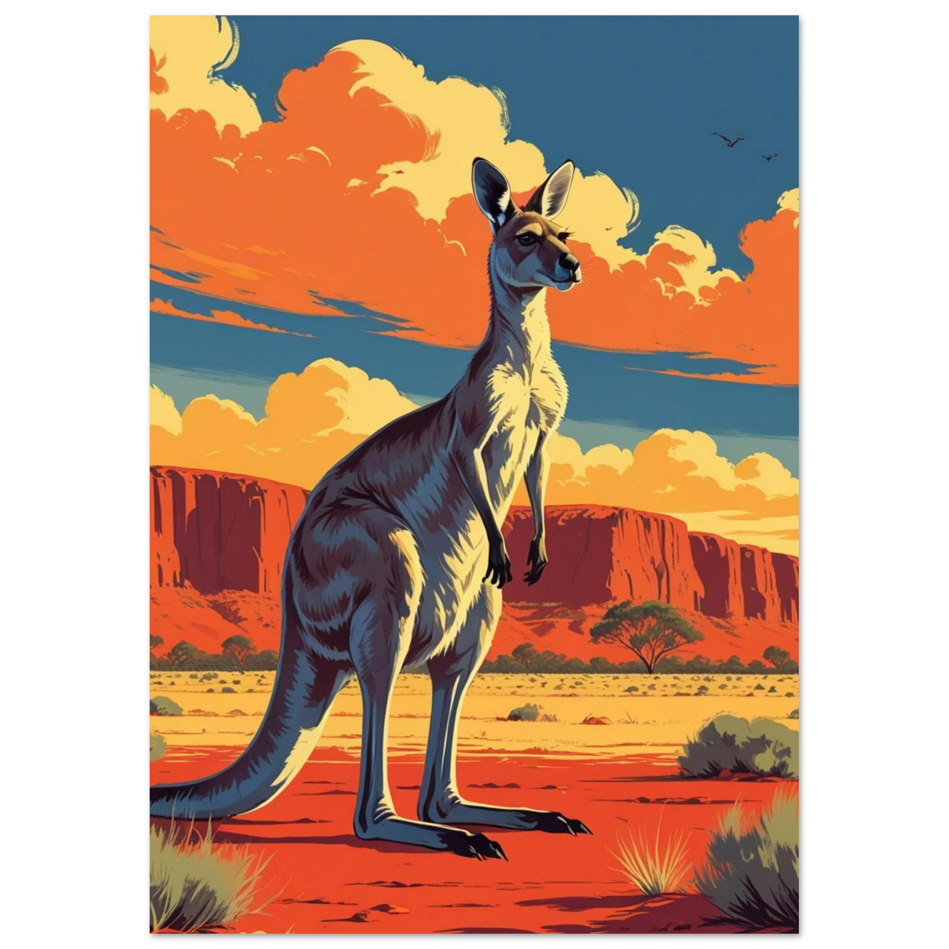Australiensisk känguru i stiliserad outback med dramatiska moln – djurposter