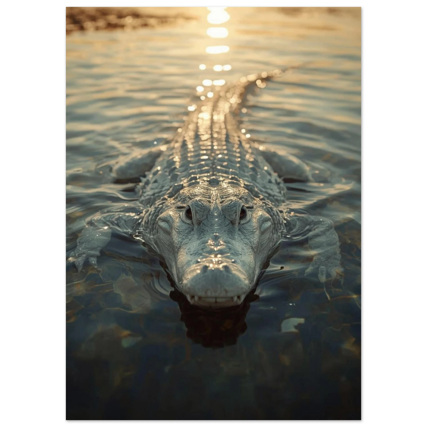 Närbild på vit alligator i stilla vatten vid solnedgång, naturtrogen reptiltavla