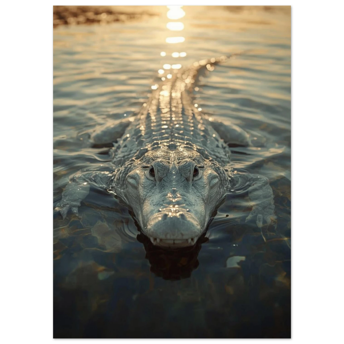 Närbild på vit alligator i stilla vatten vid solnedgång, naturtrogen reptiltavla