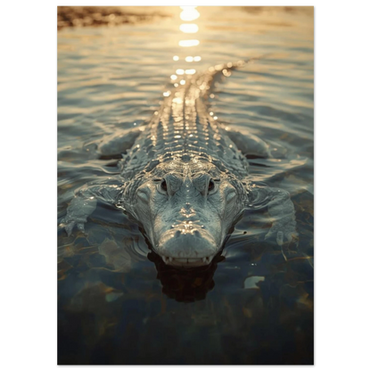 Närbild på vit alligator i stilla vatten vid solnedgång, naturtrogen reptiltavla