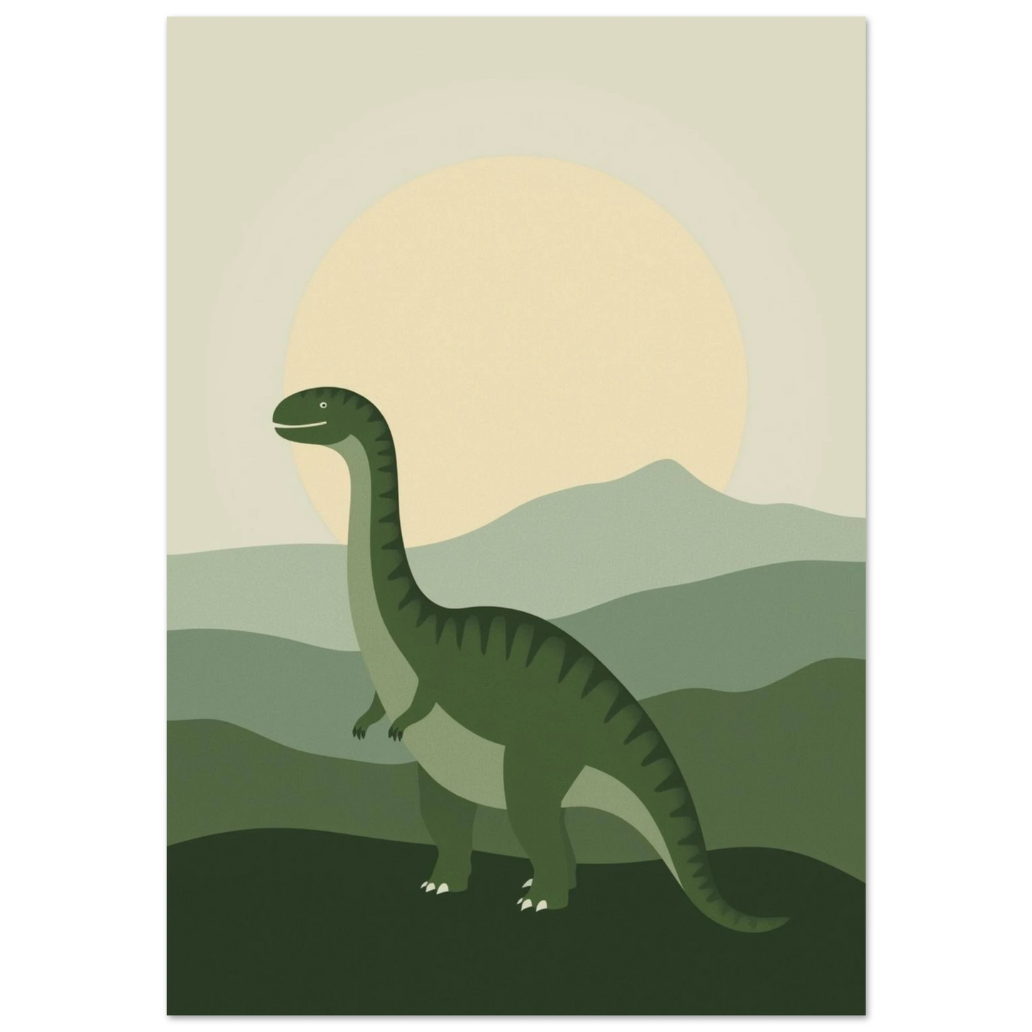 Grön långhalsad dinosaurie i ett böljande grönt landskap med stor sol