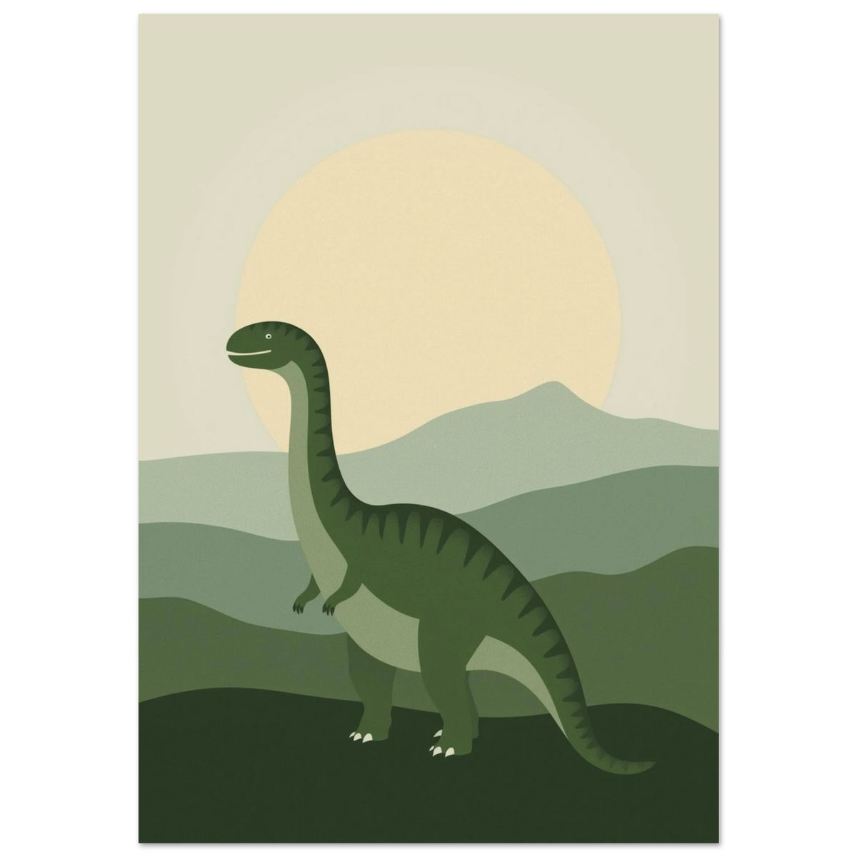 Grön långhalsad dinosaurie i ett böljande grönt landskap med stor sol