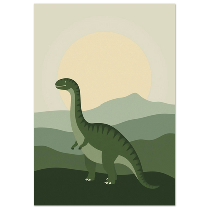 Grön långhalsad dinosaurie i ett böljande grönt landskap med stor sol