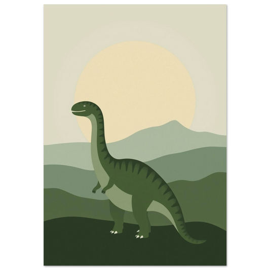 Grön långhalsad dinosaurie i ett böljande grönt landskap med stor sol