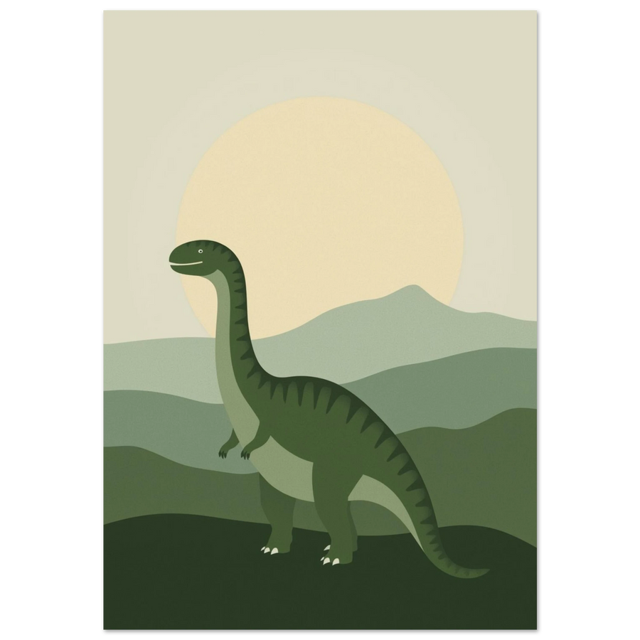 Grön långhalsad dinosaurie i ett böljande grönt landskap med stor sol