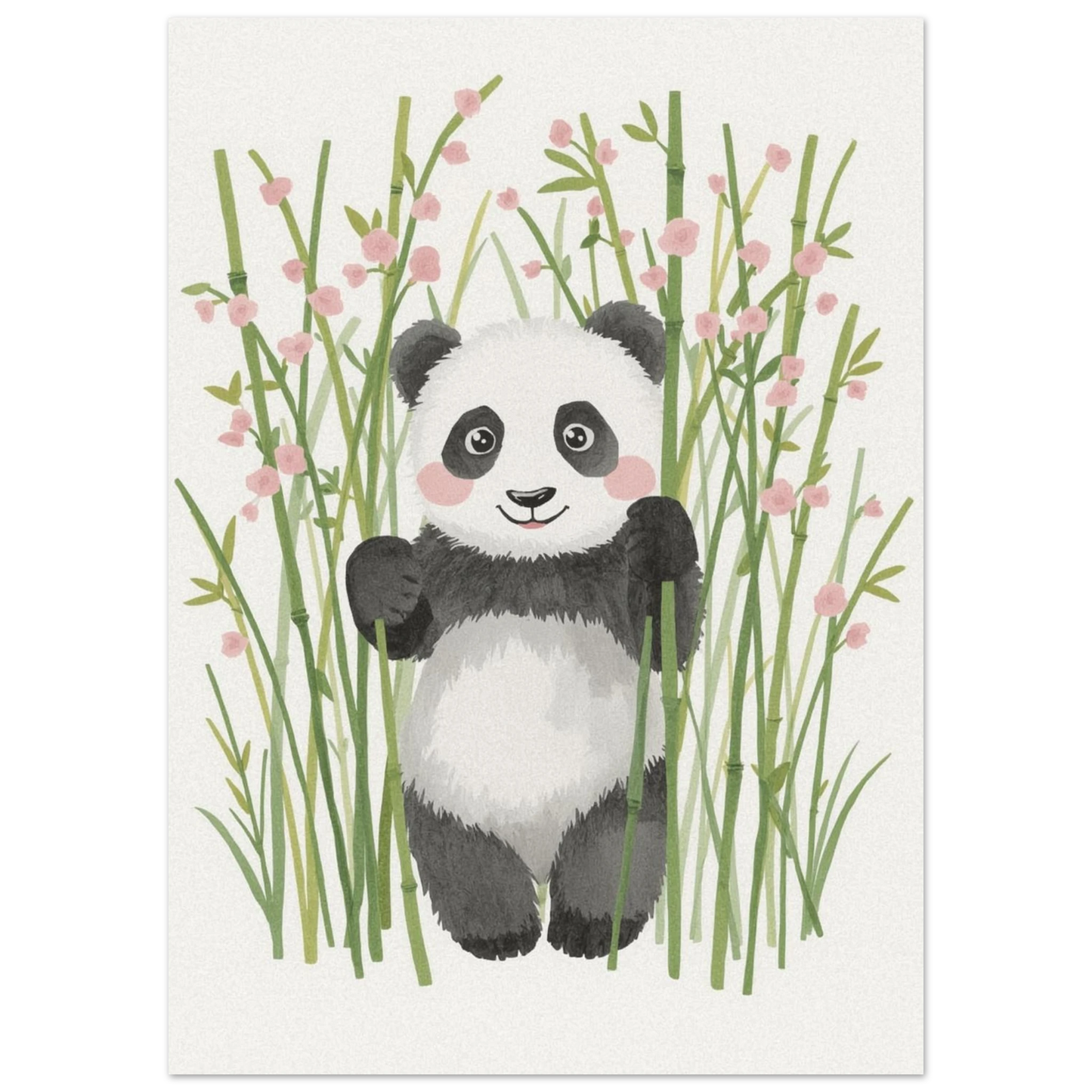 Närbild på illustrerad panda med rosiga kinder och gröna bambustjälkar