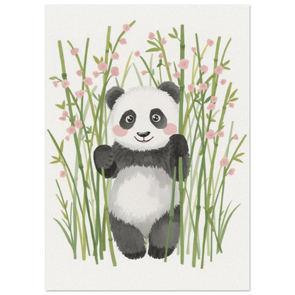 Närbild på illustrerad panda med rosiga kinder och gröna bambustjälkar