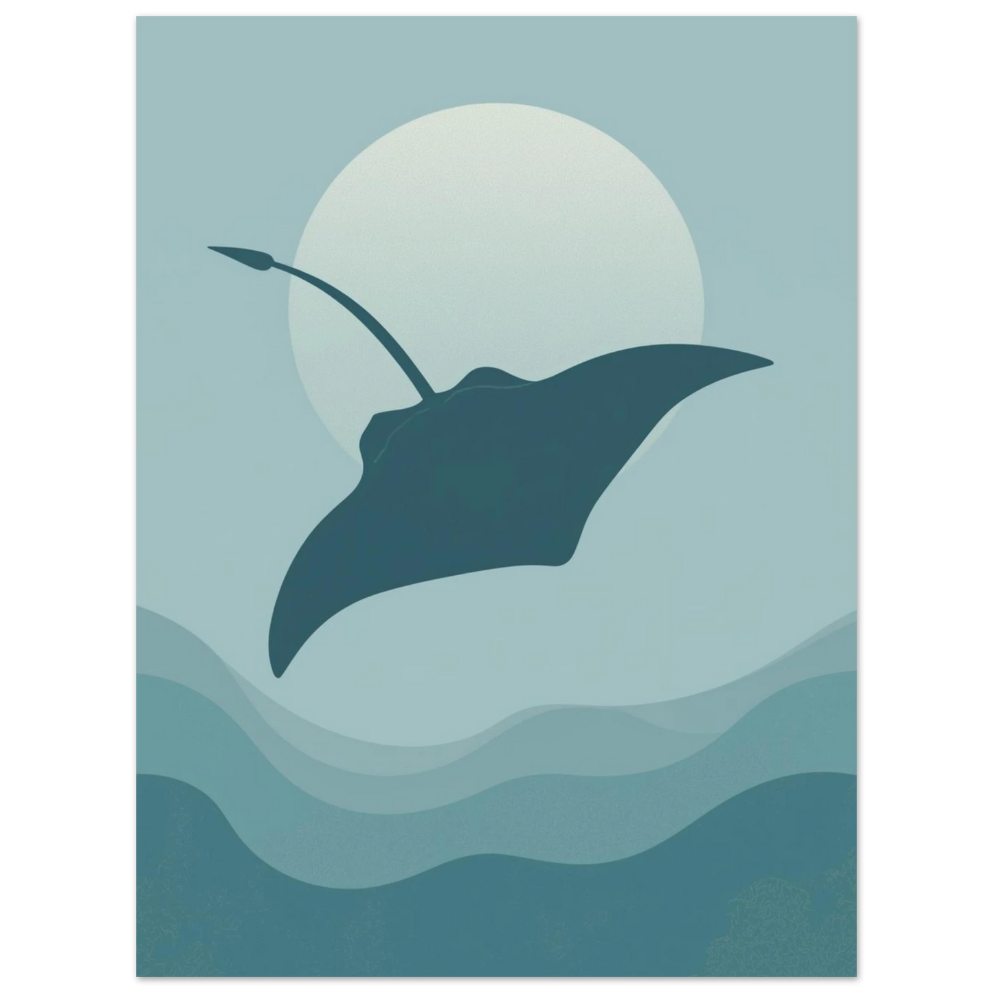 Modern poster med en mantarocka och mjuka vågor i blå färgskala