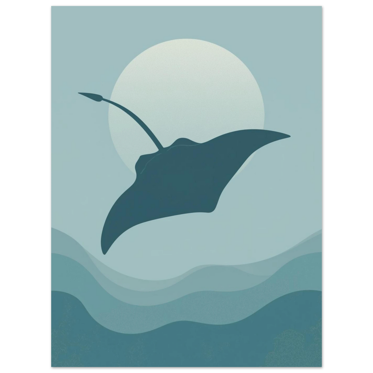 Modern poster med en mantarocka och mjuka vågor i blå färgskala